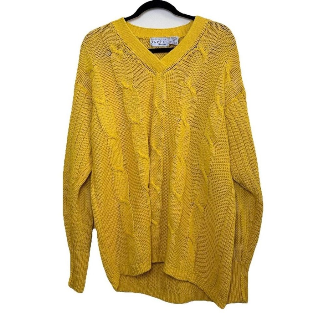 Adrianna Papell Mustard Yellow Cable Knit V-Neck Sweater Ramie Cotton Blend M